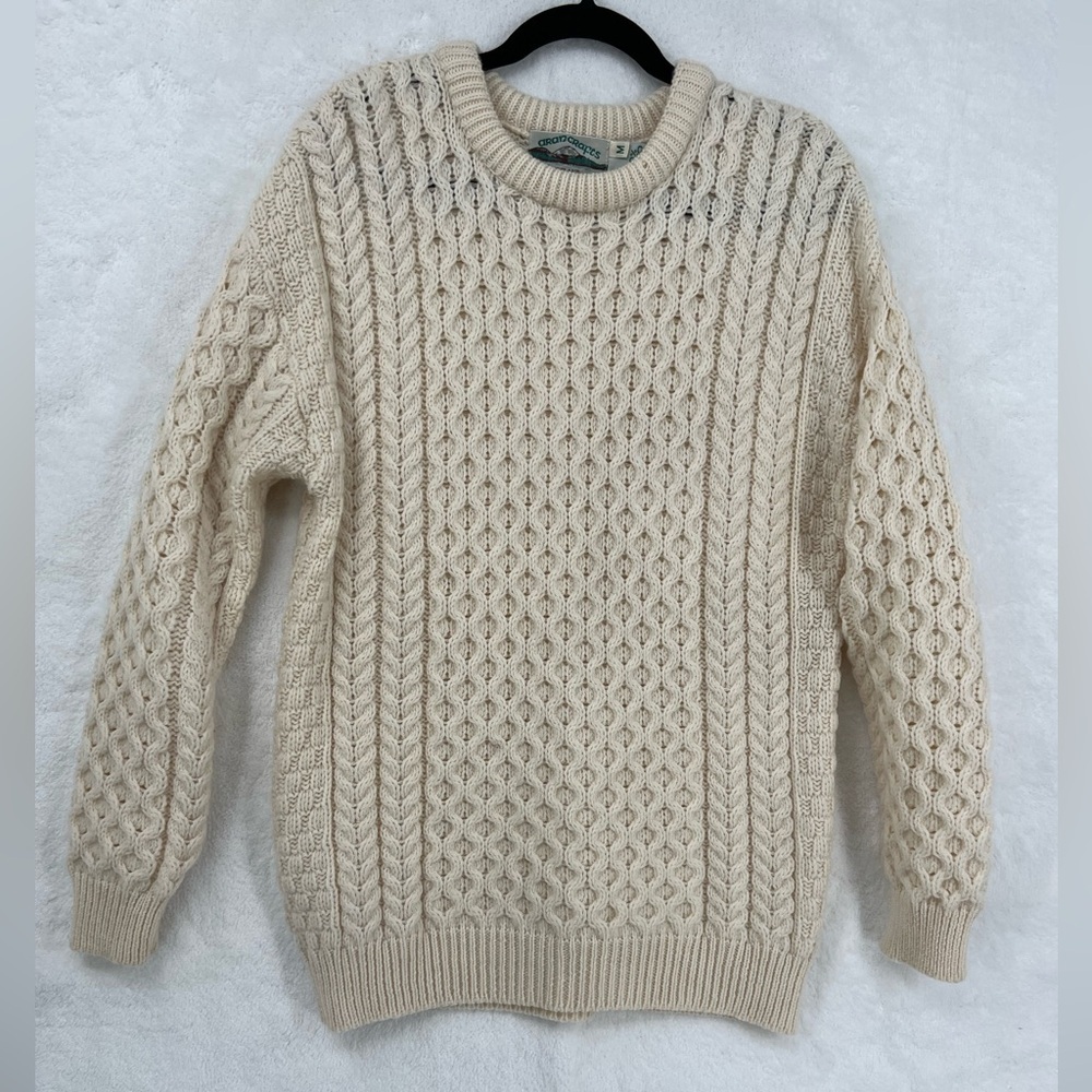 Aran Crafts Ireland Sweater Men M Cream Cable Knit Crew Fisherman Merino Wool